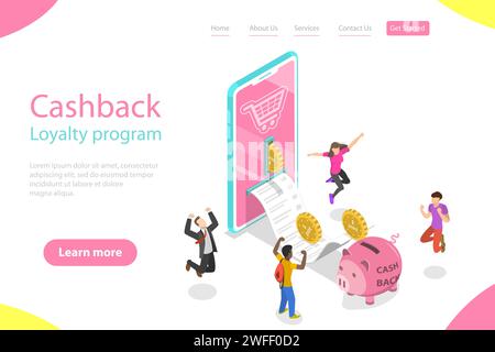 Isometric flat vector landing page template of cash back, loyalty program campaign, money refund. Stock Vector