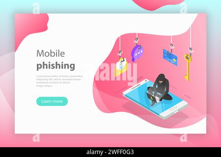 Isometric flat vector concept of phishing, computer virus, hacking, cyber attack. Stock Vector