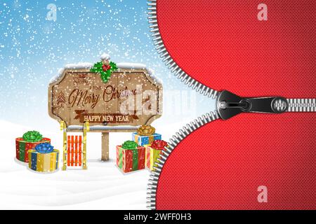 Christmas and New Year typography greetings on Xmas background with winter rural landscape and snowflakes. Stock Vector