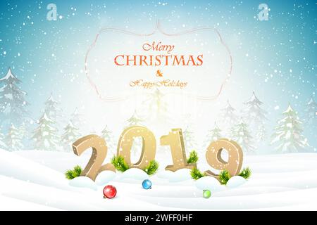 Christmas and New Year typography greetings on Xmas background with winter landscape and snowflakes. Stock Vector