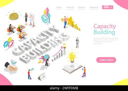 Isometric flat vector landing page template of capacity building, process of skills obtaining, improving and retaining, process of a organization and Stock Vector
