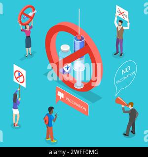 Isometric flat vector concept of anti-vaccination, preventive medicine rejecting, anti-immunisation campaign. Stock Vector