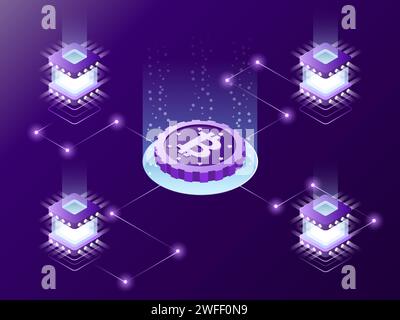 Isometric vector concept of cryptocurrency mining, blockchain, bitcoin farm, creating digital currency. Can be used for web banner, presentation. Stock Vector