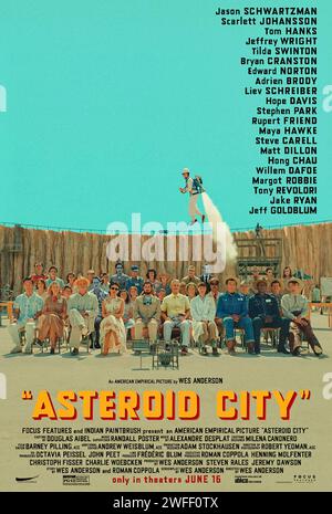 Asteroid City (2023) directed by Wes Anderson and starring Jason Schwartzman, Scarlett Johansson, Tom Hanks and Edward Norton. Following a writer on his world famous fictional play about a grieving father who travels with his tech-obsessed family to small rural Asteroid City to compete in a junior stargazing event, only to have his world view disrupted forever. US one sheet poster ***EDITORIAL USE ONLY***. Credit: BFA / Focus Features Stock Photo