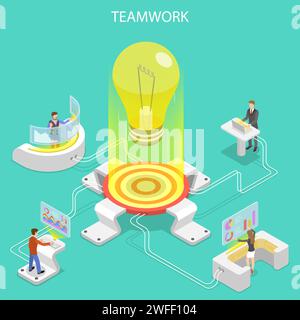 Flat isometric vector concept of effective teamwork, business team, brainstorm. Stock Vector