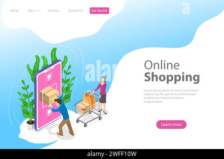 Flat isometric vector landing page template for mobile shopping, e-commerce, online store, payment. Stock Vector