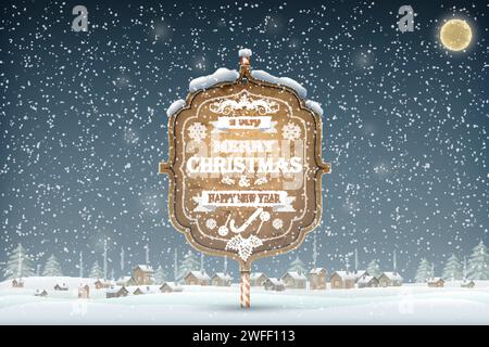 Christmas and New Year typography greetings on Xmas background with winter rural landscape and snowflakes. Stock Vector
