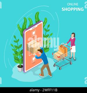 Flat isometric vector concept of mobile shopping, e-commerce, online store, payment. Stock Vector