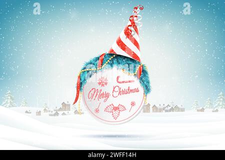 Christmas and New Year typography greetings on Xmas background with winter rural landscape and snowflakes. Stock Vector