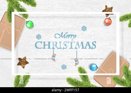 Christmas and New Year vector on white wooden background. For greeting card, poster and banner. Fir branches, gift boxes, xmas balls and wooden stars. Stock Vector