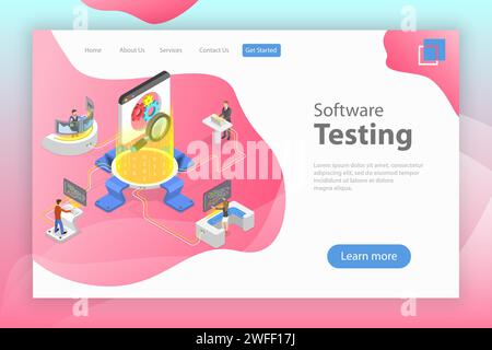 Isometric flat vector landing pate template of software quality assurance, SQA, product testing and debugging, programming and coding. Stock Vector