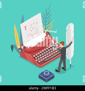 Isometric flat vector concept story writing, of an author is about to write down his creative idea using an old style typewriter. Stock Vector