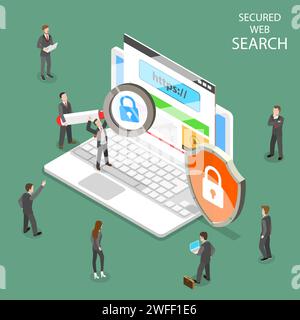 Secure web search flat isometric vector. People are searching information through internet using secure protocol HTTPS. Stock Vector