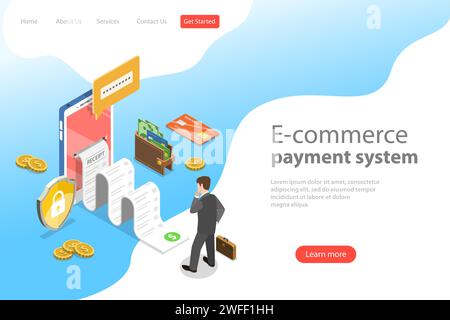 Flat isometric vector landing page template of e-commerce payment system, money transfer, mobile wallet. Stock Vector