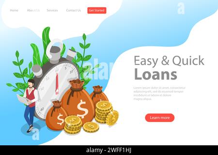 Isometric flat vector landing page template of quick loan, easy cash, finance services, time is money. Stock Vector