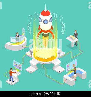 Flat isometric vector concept of new business startup, project launch. Stock Vector
