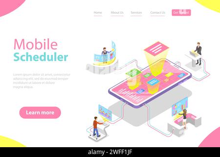 Flat isometric vector landing page template of mobile scheduler, business planning, schedule, meeting appointment, agenda Stock Vector