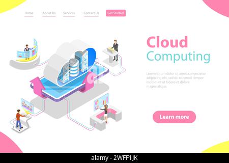 Isometric flat vector landing page template of cloud computing technology, data storage and hosting, big data. Stock Vector
