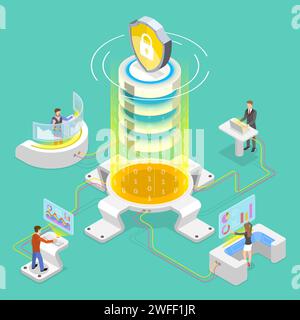 Flat isometric vector concept of secure online storage, big data cloud computing service, mobile device sync. Stock Vector