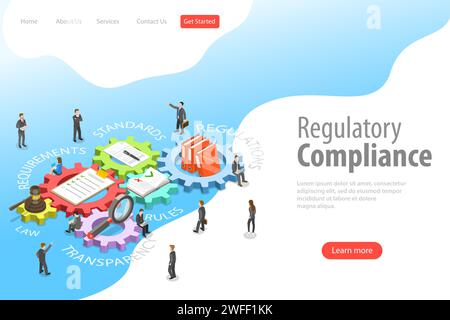 Flat isometric vector landing page template of regulatory compliance, policies and regulations. Stock Vector