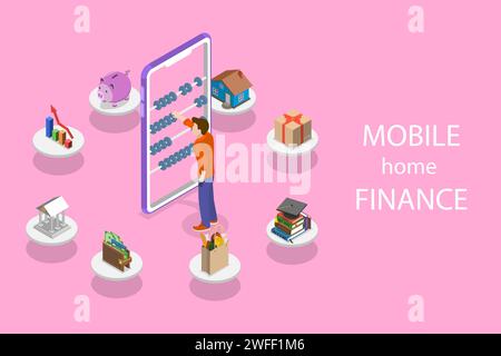 Isometric flat vector concept of personal home finance, budget planning, online shopping, banking and bill payment. Stock Vector