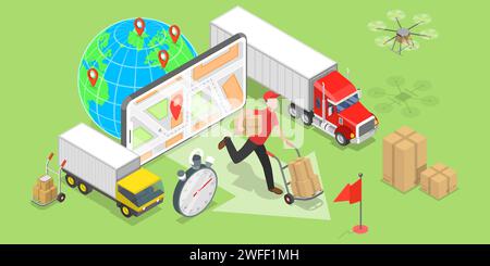 Isometric flat vector concept of smart logistics and transportation, mobile app for delivery tracking, cargo fast delivery. Stock Vector