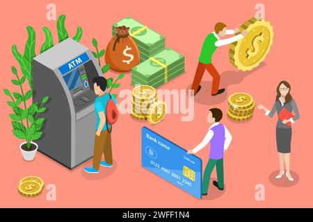 Isometric flat vector concept of ATM, bank card, automated teller machine, getting cash. Stock Vector