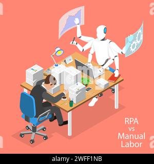 Isometric flat vector concept of RPA vs manual labor, robotic process automatisation, RPA, AI, artificial intelligence, machine learning. Stock Vector