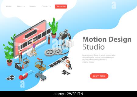 Isometric flat vector landing page template of motion design studio, video editor app, creating video online. Stock Vector