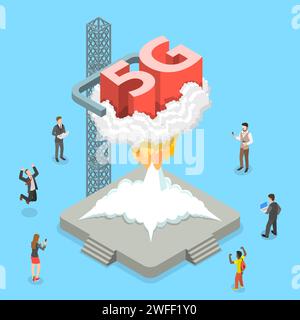 Isometric flat vector concept of 5G , global wireless network, high speed internet technology. Stock Vector
