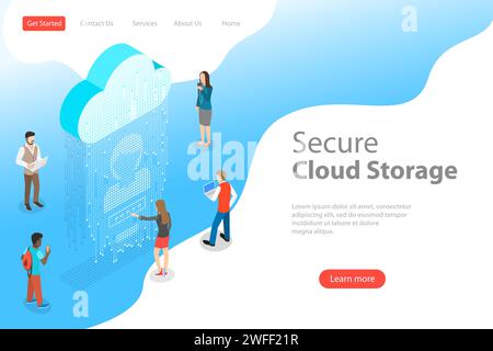 Flat isometric vector landing page template of secure cloud storage, big data, online computing service, mobile device sync. Stock Vector