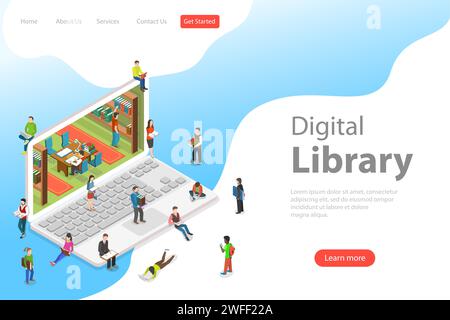 Isometric flat vector landing page template of online library, education, reading, learning online. Stock Vector
