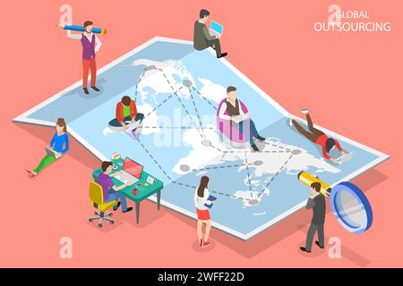 Isometric flat vector concept of global outsourcing, company remote management, distributed team, freelance job. Stock Vector