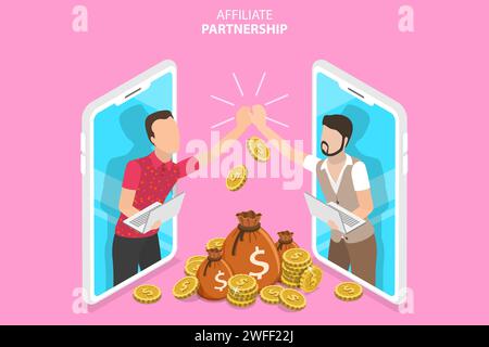 Isometric Fat Vector Concept of Sales Partnership, Marketing Strategy, Referral Program, Partnership Agreement. Stock Vector