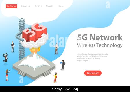 Isometric flat vector landing page template of 5G , global wireless network, high speed internet technology. Stock Vector