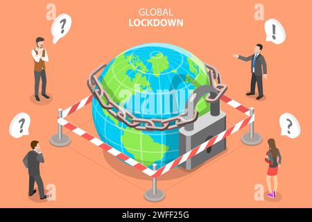 3D Vector Isometric Concept of Global Lockdown, Coronavirus Covid-19 Outbreak, Restrictions implemented due to 2019-nCov. Stock Vector
