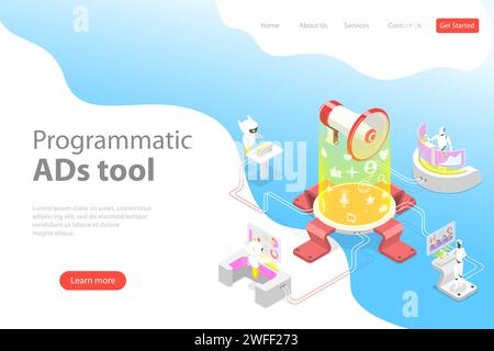 Flat isometric vector landing page template of programmatic advertising, social media campaign, automated digital marketing. Stock Vector