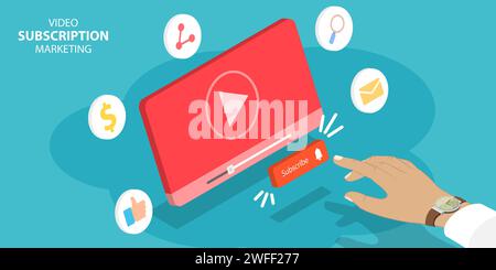 Isometric Flat Vector Concept of Video Subscription Marketing Model, Vlog, Online Movie and TV. Stock Vector