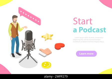 Podcasting flat isometric vector concept. A blogger is standing near the big microphone and recording a podcast. Stock Vector
