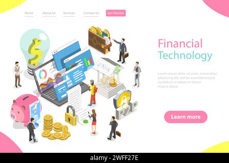 Isometric flat vector landing page template of fintech, financial technology, online banking, blockchain, data analysis. Stock Vector