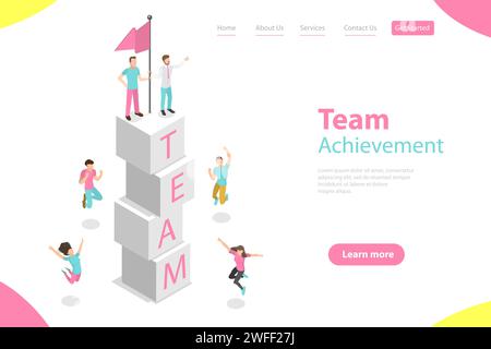 Isometric Flat Vector Landing Page Template of Successful Teamwork, Team Goal Achievement and Growth. Stock Vector