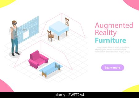 Flat isometric vector concept of augmented reality, virtual furniture. Stock Vector