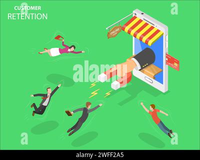 Online store customer retention flat isometric vector concept. Hand with magnet has appeared from the smartphone screen attracting people from everywh Stock Vector