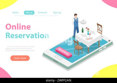 Flat isometric vector concept of table online reservation, mobile booking. Stock Vector