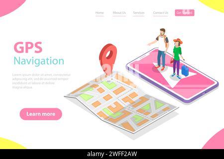 Isometric flat vector landing page tempate of mobile pgs navigation, city map, online geolocation. Stock Vector