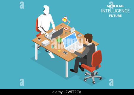 Flat isometric vector concept of AI future, robot and human cooperation, artificial intelligence, business automation. Stock Vector