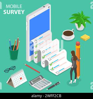 Flat isometric vector concept of mobile survey, customer review, feedback service. Stock Vector