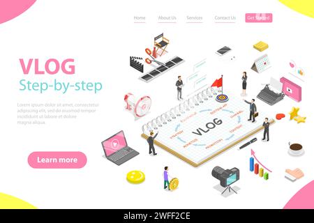 Flat isometric vector landing page template of video blog ste-by-step, vlog, creating online channel, content creating. Stock Vector