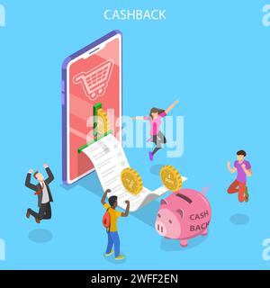 Isometric flat vector concept of cash back, loyalty program campaign, money refund. Stock Vector