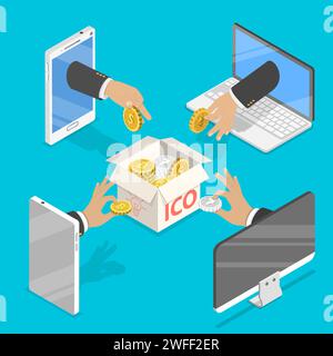 Flat isometric vector concept of initial coin offering, ICO token, crowdfunding, blockchain, digital money startup. Stock Vector